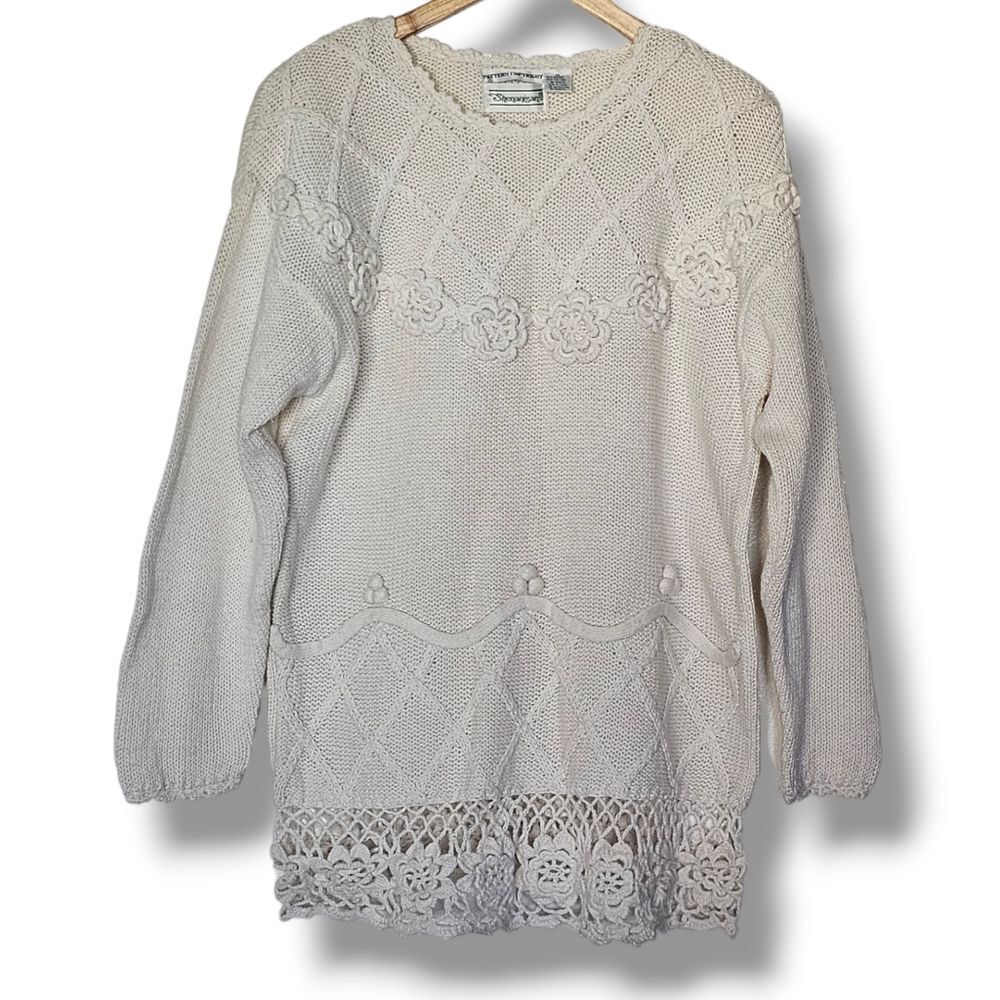 Vintage Y2K Shenanigans Sweater Chunky Knit Size M White‎ Crochet Cottagecore